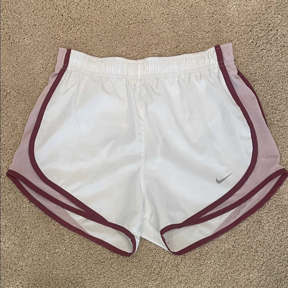 Nike Dri-Fit women’s running shorts, white and purple/maroon, size XS